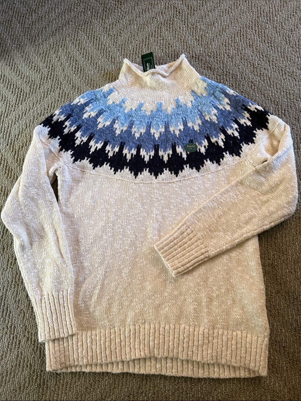 LL Bean Cream Fair Isle Turtleneck Sweater with Blue & Navy Yoke